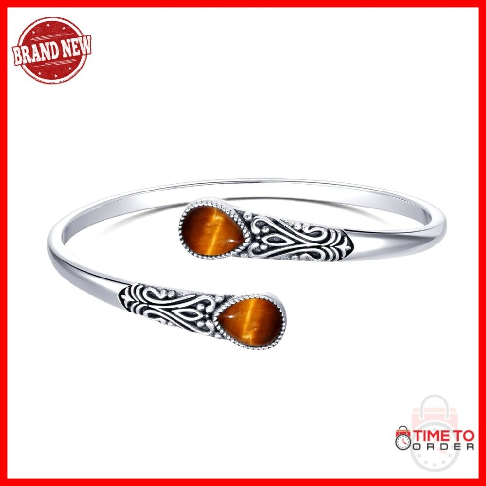 Sterling Silver Adjustable Bangle Bracelet Boho Navajo Style Genuine Gemstone